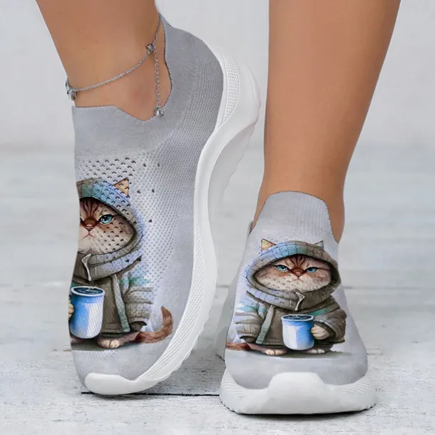 Women's Cute Cat Print Slip-On Sneakers, Lightweight and Breathable Walking Shoes, Comfortable and Stylish Casual Footwear, Perfect for Daily Wear