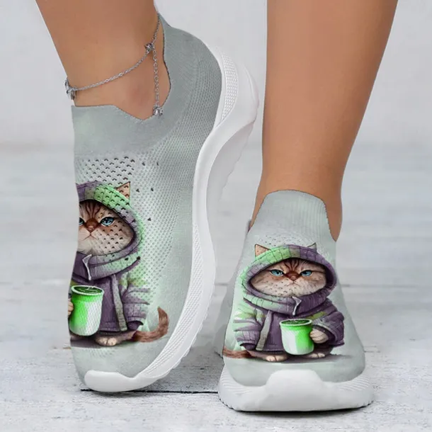 Women's Cute Cat Print Slip-On Sneakers, Lightweight and Breathable Walking Shoes, Comfortable and Stylish Casual Footwear, Perfect for Daily Wear