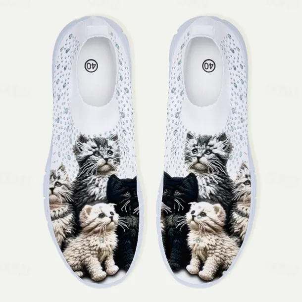 Women's Cute Cat Print Sneakers – Cozy Slip-On Shoes with Adorable Kitten Design for Everyday Casual Wear