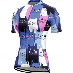 Women's Cycling Jersey Cat Short Sleeve Bike Tee Tshirt Jersey with 3 Rear Pockets Mountain Bike MTB Quick Dry Anatomic Design Wicking Breathable Sports Black White Dark Purple Clothing Apparel