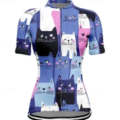 Women's Cycling Jersey Cat Short Sleeve Bike Tee Tshirt Jersey with 3 Rear Pockets Mountain Bike MTB Quick Dry Anatomic Design Wicking Breathable Sports Black White Dark Purple Clothing Apparel