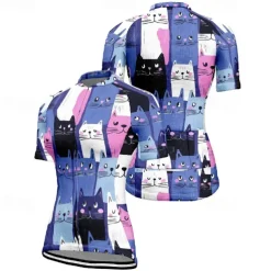 Women's Cycling Jersey Cat Short Sleeve Bike Tee Tshirt Jersey with 3 Rear Pockets Mountain Bike MTB Quick Dry Anatomic Design Wicking Breathable Sports Black White Dark Purple Clothing Apparel