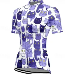 Women's Cycling Jersey Cat Short Sleeve Bike Tee Tshirt Jersey with 3 Rear Pockets Mountain Bike MTB Quick Dry Anatomic Design Wicking Breathable Sports Black White Dark Purple Clothing Apparel