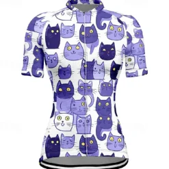 Women's Cycling Jersey Cat Short Sleeve Bike Tee Tshirt Jersey with 3 Rear Pockets Mountain Bike MTB Quick Dry Anatomic Design Wicking Breathable Sports Black White Dark Purple Clothing Apparel