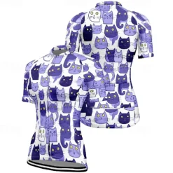 Women's Cycling Jersey Cat Short Sleeve Bike Tee Tshirt Jersey with 3 Rear Pockets Mountain Bike MTB Quick Dry Anatomic Design Wicking Breathable Sports Black White Dark Purple Clothing Apparel