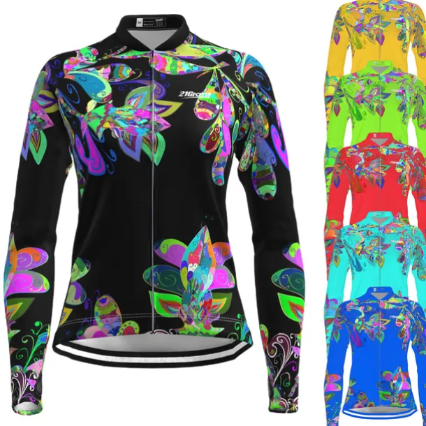 Women's Cycling Jersey Floral Botanical Long Sleeve Bike Top with 3 Rear Pockets Mountain Bike MTB Road Bike Cycling Quick Dry Reflective Strips Back Pocket Moisture Wicking Sports Black Yellow Red