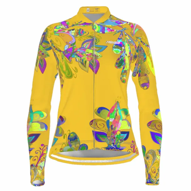 Women's Cycling Jersey Floral Botanical Long Sleeve Bike Top with 3 Rear Pockets Mountain Bike MTB Road Bike Cycling Quick Dry Reflective Strips Back Pocket Moisture Wicking Sports Black Yellow Red