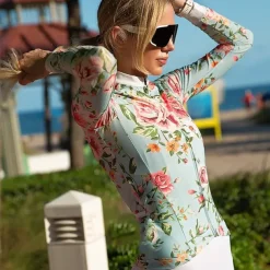 Women's Cycling Jersey Floral Botanical Long Sleeve Bike Top with 3 Rear Pockets Mountain Bike MTB Road Bike Cycling Quick Dry Reflective Strips Back Pocket Moisture Wicking Sports White+Pink Yellow