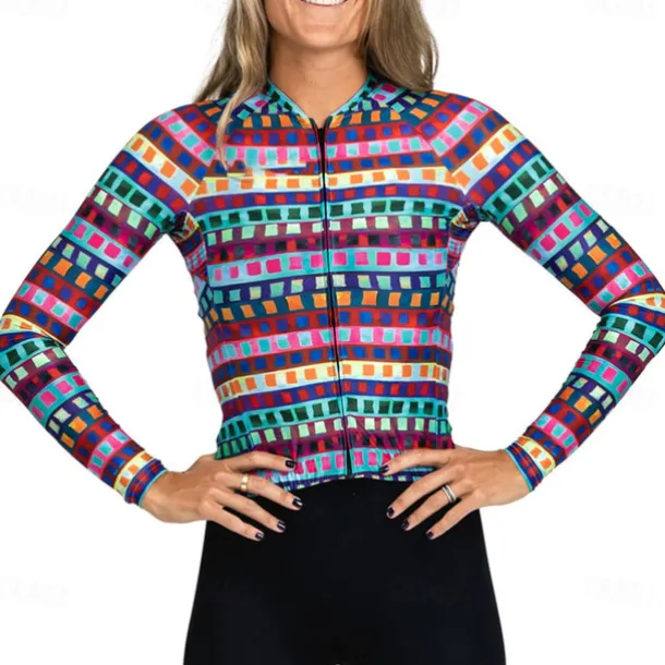 Women's Cycling Jersey Geometric Geometry Funny Long Sleeve Bike Jersey Top with 3 Rear Pockets Mountain Bike MTB Road Bike Cycling Quick Dry Reflective Strips Back Pocket Moisture Wicking Sports