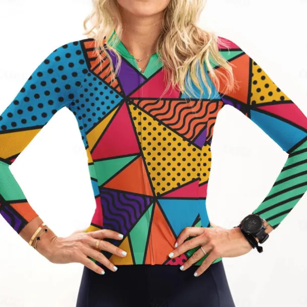 Women's Cycling Jersey Geometric Geometry Funny Long Sleeve Bike Jersey Top with 3 Rear Pockets Mountain Bike MTB Road Bike Cycling Quick Dry Reflective Strips Back Pocket Moisture Wicking Sports