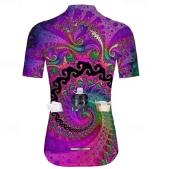 Women's Cycling Jersey Graphic Short Sleeve Bike Jersey Top with 3 Rear Pockets Mountain Bike MTB Road Bike Cycling Quick Dry Reflective Strips Back Pocket Moisture Wicking Sports Violet Green