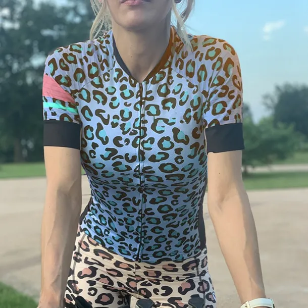 Women's Cycling Jersey Leopard Short Sleeve Bike Jersey Top with 3 Rear Pockets Mountain Bike MTB Road Bike Cycling Quick Dry Reflective Strips Back Pocket Moisture Wicking Sports Blue Brown Green