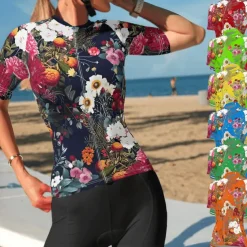 Women's Cycling Jersey Patterned Floral Botanical Flower Short Sleeve Bike Jersey with 3 Rear Pockets Mountain Bike MTB Road Bike Cycling Fast Dry Quick Dry Soft Reflective Strips Sports Black Yellow