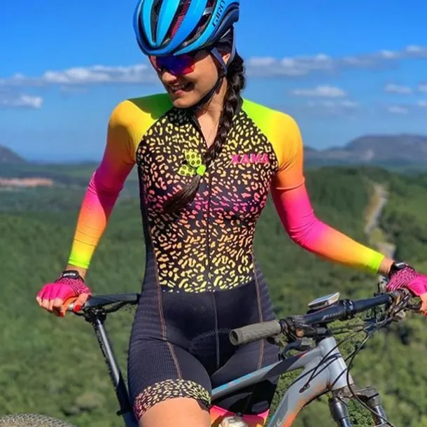 Women's Cycling Jersey with Shorts Triathlon Tri Suit Long Sleeve Mountain Bike MTB Road Bike Cycling Winter Black Orange Red Patchwork Bike Clothing Suit Breathable Quick Dry Back Pocket Sweat