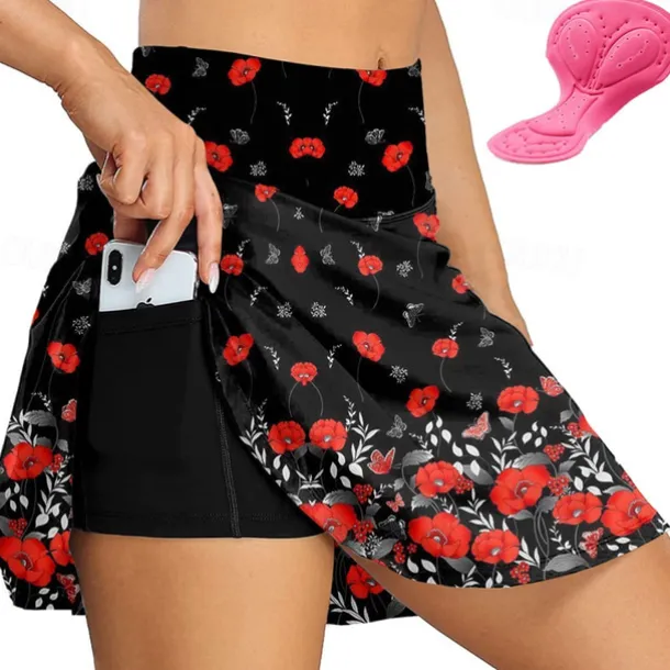 Women's Cycling Skort Skirt Bike Skirt Bottoms Race Fit Mountain Bike MTB Road Bike Cycling Sports Graphic Floral Botanical 3D Pad Cycling Breathable Quick Dry Dark Pink Black Spandex Clothing Apparel