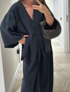 Women's Daily Basic Pants Sets Long Sleeve V Neck Plain Casual Daily Black Navy Blue Fuchsia Summer Oversized