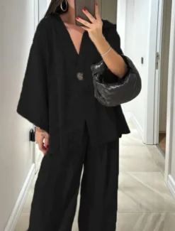 Women's Daily Basic Pants Sets Long Sleeve V Neck Plain Casual Daily Black Navy Blue Fuchsia Summer Oversized