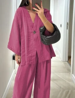 Women's Daily Basic Pants Sets Long Sleeve V Neck Plain Casual Daily Black Navy Blue Fuchsia Summer Oversized