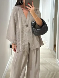 Women's Daily Basic Pants Sets Long Sleeve V Neck Plain Casual Daily Black Navy Blue Fuchsia Summer Oversized