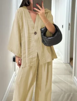 Women's Daily Basic Pants Sets Long Sleeve V Neck Plain Casual Daily Black Navy Blue Fuchsia Summer Oversized