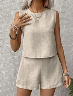 Women's Daily Basic Tank Top Baggy Shorts Sleeveless Crew Neck Plain Casual Daily Green Beige Summer Regular Fit