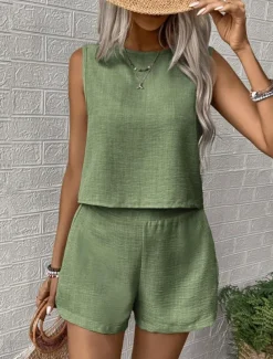 Women's Daily Basic Tank Top Baggy Shorts Sleeveless Crew Neck Plain Casual Daily Green Beige Summer Regular Fit