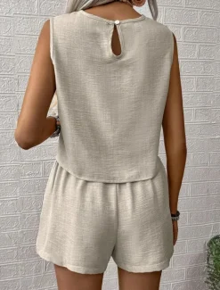 Women's Daily Basic Tank Top Baggy Shorts Sleeveless Crew Neck Plain Casual Daily Green Beige Summer Regular Fit