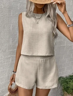 Women's Daily Basic Tank Top Baggy Shorts Sleeveless Crew Neck Plain Casual Daily Green Beige Summer Regular Fit