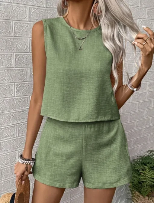 Women's Daily Basic Tank Top Baggy Shorts Sleeveless Crew Neck Plain Casual Daily Green Beige Summer Regular Fit