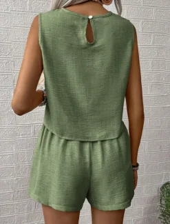 Women's Daily Basic Tank Top Baggy Shorts Sleeveless Crew Neck Plain Casual Daily Green Beige Summer Regular Fit