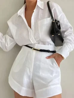 Women's Daily Shirt Linen-Inspired Sets Two Piece Sets Baggy Shorts Long Sleeve Shirt Collar Solid Color Patchwork Outdoor Gray purple White Blue Spring & Fall Regular Fit