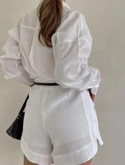 Women's Daily Shirt Linen-Inspired Sets Two Piece Sets Baggy Shorts Long Sleeve Shirt Collar Solid Color Patchwork Outdoor Gray purple White Blue Spring & Fall Regular Fit