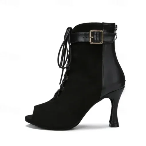 Women's Dance Boots Professional Ballroom Dance Fashion Boots Fur Lined Lace Up Party / Evening Stylish Lace-up Splicing Vintage Cuban Heel Peep Toe Zipper Lace-up Adults' Black