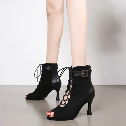Women's Dance Boots Professional Ballroom Dance Fashion Boots Fur Lined Lace Up Party / Evening Stylish Lace-up Splicing Vintage Cuban Heel Peep Toe Zipper Lace-up Adults' Black
