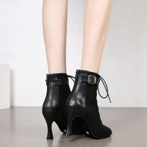 Women's Dance Boots Professional Ballroom Dance Fashion Boots Fur Lined Lace Up Party / Evening Stylish Lace-up Splicing Vintage Cuban Heel Peep Toe Zipper Lace-up Adults' Black