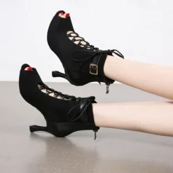 Women's Dance Boots Professional Ballroom Dance Fashion Boots Fur Lined Lace Up Party / Evening Stylish Lace-up Splicing Vintage Cuban Heel Peep Toe Zipper Lace-up Adults' Black