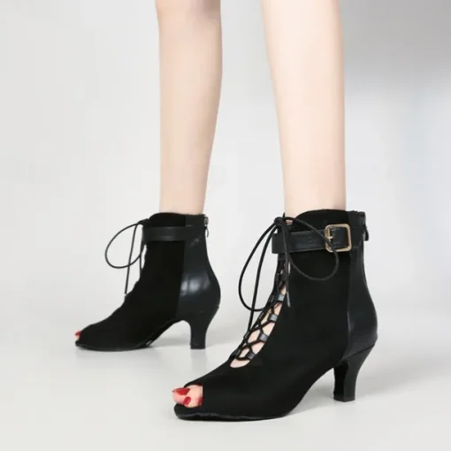 Women's Dance Boots Professional Ballroom Dance Fashion Boots Fur Lined Lace Up Party / Evening Stylish Lace-up Splicing Vintage Cuban Heel Peep Toe Zipper Lace-up Adults' Black