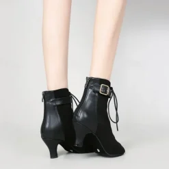 Women's Dance Boots Professional Ballroom Dance Fashion Boots Fur Lined Lace Up Party / Evening Stylish Lace-up Splicing Vintage Cuban Heel Peep Toe Zipper Lace-up Adults' Black