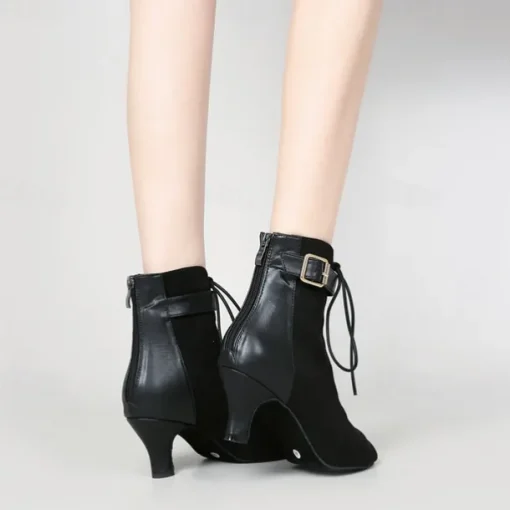 Women's Dance Boots Professional Ballroom Dance Fashion Boots Fur Lined Lace Up Party / Evening Stylish Lace-up Splicing Vintage Cuban Heel Peep Toe Zipper Lace-up Adults' Black