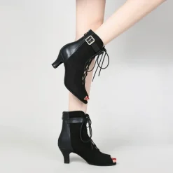 Women's Dance Boots Professional Ballroom Dance Fashion Boots Fur Lined Lace Up Party / Evening Stylish Lace-up Splicing Vintage Cuban Heel Peep Toe Zipper Lace-up Adults' Black