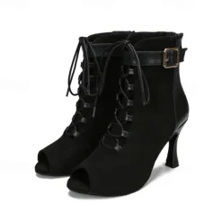 Women's Dance Boots Professional Ballroom Dance Fashion Boots Fur Lined Lace Up Party / Evening Stylish Lace-up Splicing Vintage Cuban Heel Peep Toe Zipper Lace-up Adults' Black