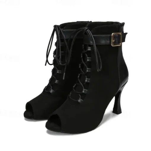 Women's Dance Boots Professional Ballroom Dance Fashion Boots Fur Lined Lace Up Party / Evening Stylish Lace-up Splicing Vintage Cuban Heel Peep Toe Zipper Lace-up Adults' Black