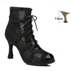 Women's Dance Boots Tango Shoes Professional Lace Up Stylish Lace-up Zipper Adults' Black