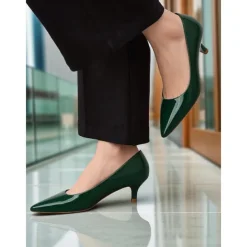 Women's Dark Green Patent Leather Pointed-Toe Kitten Heels - Classic 1950s Elegant Office Pumps for Ladies, Ideal for Workwear, Interviews, and Formal Events