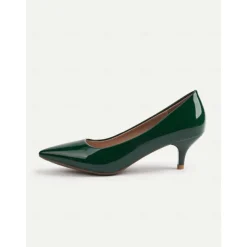 Women's Dark Green Patent Leather Pointed-Toe Kitten Heels - Classic 1950s Elegant Office Pumps for Ladies, Ideal for Workwear, Interviews, and Formal Events
