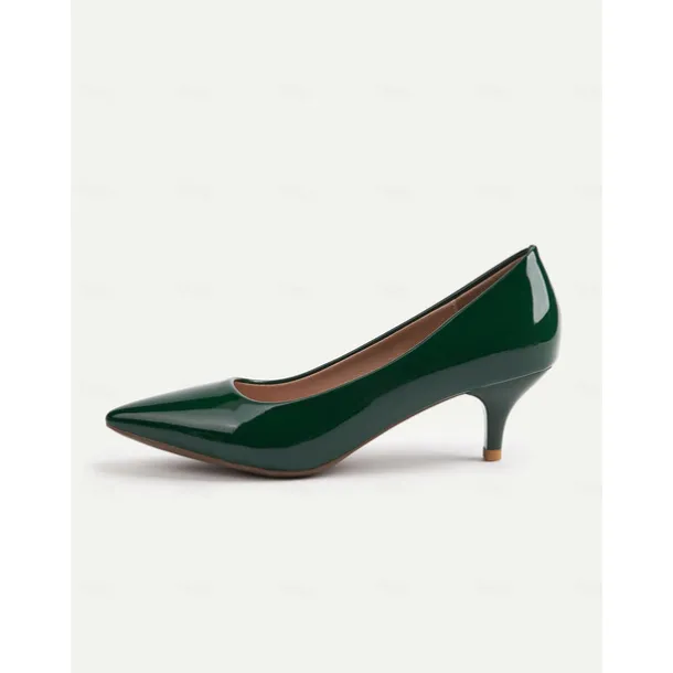 Women's Dark Green Patent Leather Pointed-Toe Kitten Heels - Classic 1950s Elegant Office Pumps for Ladies, Ideal for Workwear, Interviews, and Formal Events