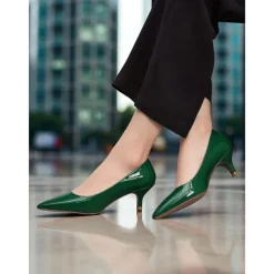 Women's Dark Green Patent Leather Pointed-Toe Kitten Heels - Classic 1950s Elegant Office Pumps for Ladies, Ideal for Workwear, Interviews, and Formal Events