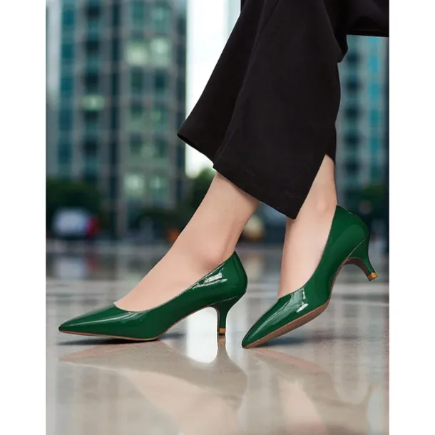 Women's Dark Green Patent Leather Pointed-Toe Kitten Heels - Classic 1950s Elegant Office Pumps for Ladies, Ideal for Workwear, Interviews, and Formal Events