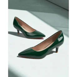 Women's Dark Green Patent Leather Pointed-Toe Kitten Heels - Classic 1950s Elegant Office Pumps for Ladies, Ideal for Workwear, Interviews, and Formal Events