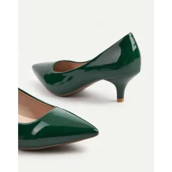 Women's Dark Green Patent Leather Pointed-Toe Kitten Heels - Classic 1950s Elegant Office Pumps for Ladies, Ideal for Workwear, Interviews, and Formal Events